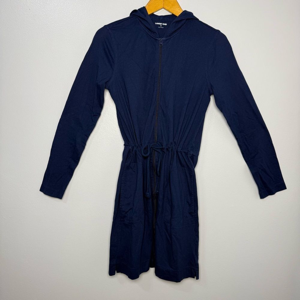 Lands' End Navy Full Zip Hooded Long Sweater | XS